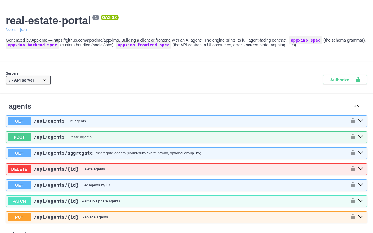 Swagger UI at /docs showing the generated OpenAPI for a marketplace schema