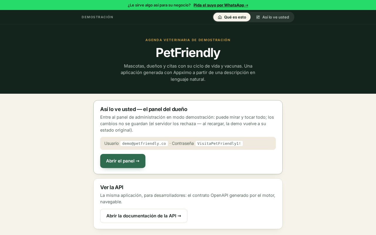 petfriendly.appximo.com — a production Appximo app served over HTTPS with a Let's Encrypt certificate