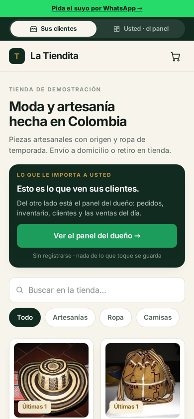 La Tiendita — the storefront on a phone viewport, with the customers/owner switch